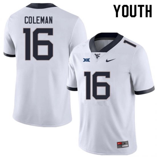 Youth West Virginia Mountaineers NCAA #16 Caleb Coleman White Authentic Nike Stitched College Football Jersey NT15J47AY